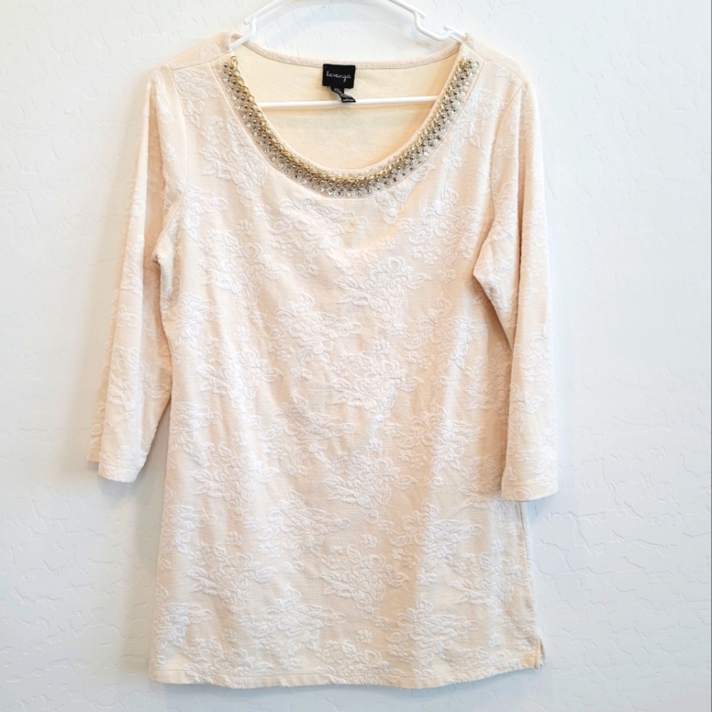 La Vanya Cream Beaded Jeweled Blouse Top Women's Size Large